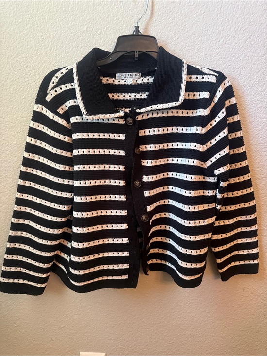 Sweaters - Love Trend Black Cardigan with White Crochet Stripes